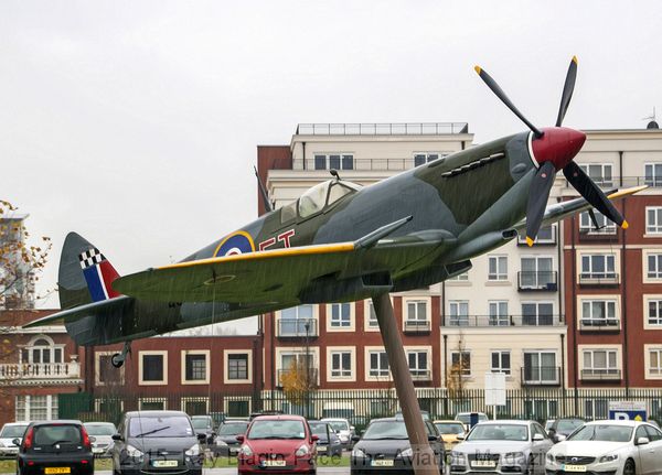 Spitfire by the main entrance of the RAF Museum in London, UK.